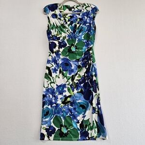 Lauren Ralph Lauren Sleeveless Womens Floral Dress Size 6 Blue Green Ruched Side